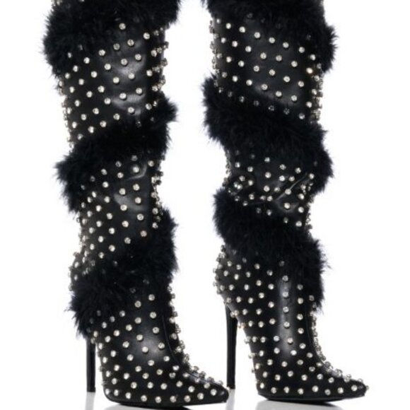 AZALEA WANG " FANCY PHENOM " FEATHER EMBELLISHED BOOT IN BLACK(BRAND NEW!!!!!!!! - Picture 1 of 8
